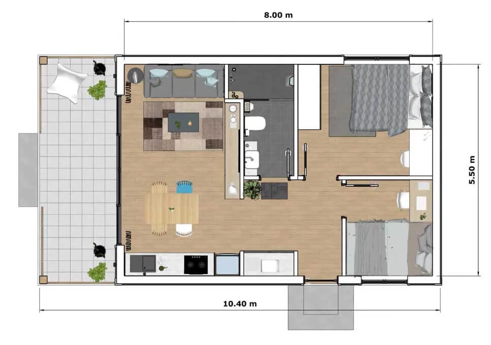 FLoor plan of Beautiful 2 Bedroom Tiny House Design Idea 5.5x8 Meters