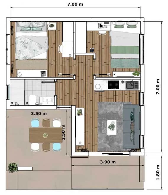 Free house floor plan for Box Type Two Bedroom One Bathroom Small House Design Idea