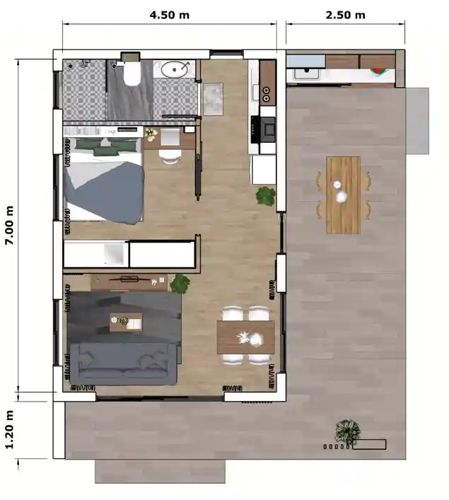 House floor plan of Modern Tiny House Design Idea of Single Bedroom And Bathroom 4.5x7 Meteres