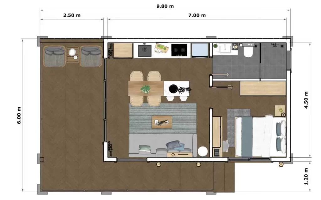 Floor plan of 1 Bedroom, 1 Bathroom Tiny House Design Idea 4.5x7 Meters