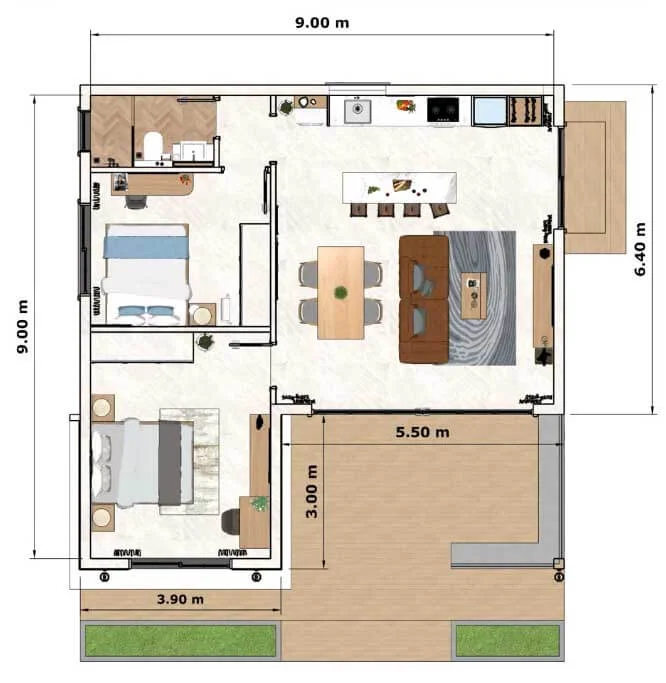 Floor plan of Two Bedroom Beautiful Small House Design Idea 9x9 Meters